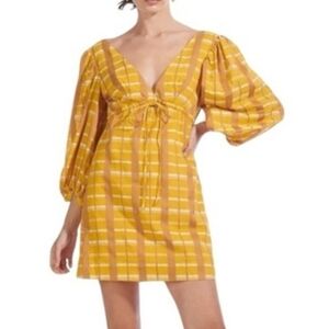 STAUD Kashi Mustard Plaid Mini Dress Long Sleeves